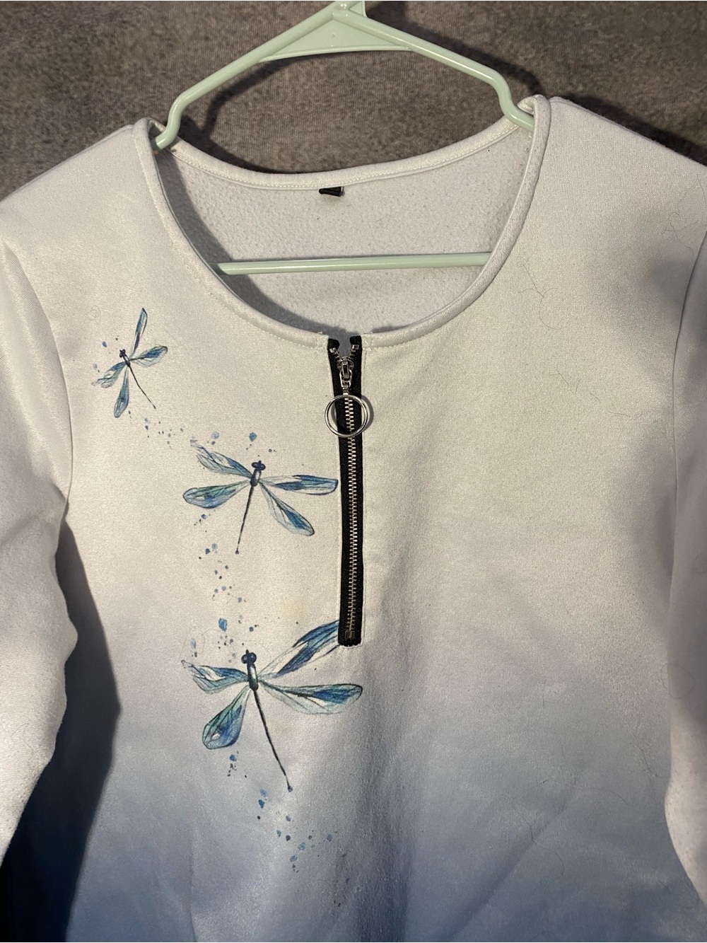 Womens Blue White Ombre Dragonfly Quarter Zip Pullover Sweatshirt Size XL - Picture 3 of 11